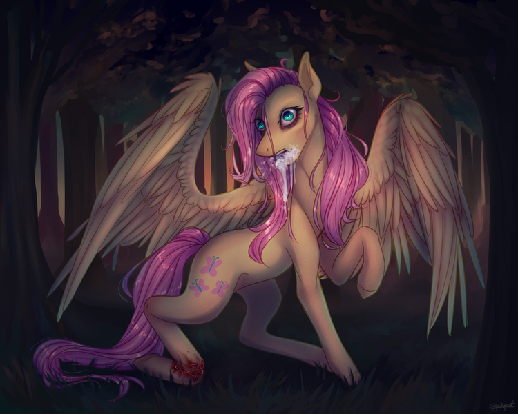 Size: 2500x2000 | Tagged: grimdark, artist:squishkitti, derpibooru import, fluttershy, pony, blood, foaming at the mouth, image, large wings, png, rabies, solo, wings