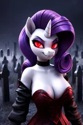 Size: 512x768 | Tagged: suggestive, ai content, derpibooru import, machine learning generated, prompter:chillyhooves, stable diffusion, rarity, anthro, undead, unicorn, vampire, vampony, breasts, cleavage, fangs, glow, glowing eyes, graveyard, horn, image, jpeg, solo