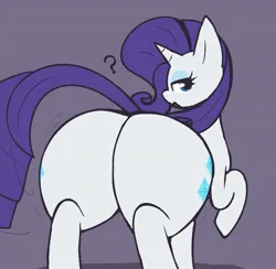 Size: 1617x1581 | Tagged: suggestive, artist:gravtitty, derpibooru import, rarity, pony, unicorn, g4, butt, butt focus, female, horn, image, jpeg, large butt, lidded eyes, looking at you, looking back, looking back at you, open mouth, plot, question mark, raised hoof, rearity, solo, solo female, thicc thighs