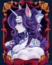 Size: 1080x1350 | Tagged: safe, artist:setomie, derpibooru import, rarity, anthro, unicorn, g4, breasts, bust, cleavage, ear piercing, female, horn, image, jewelry, jpeg, lipstick, looking at you, necklace, piercing, portrait, red lipstick, ring, solo