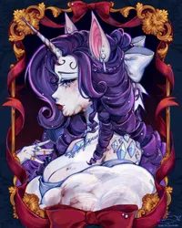 Size: 1080x1350 | Tagged: safe, alternate version, artist:setomie, derpibooru import, rarity, anthro, unicorn, g4, blood, breasts, bust, cleavage, ear piercing, female, horn, image, jewelry, jpeg, lipstick, looking at you, necklace, piercing, portrait, red lipstick, ring, solo