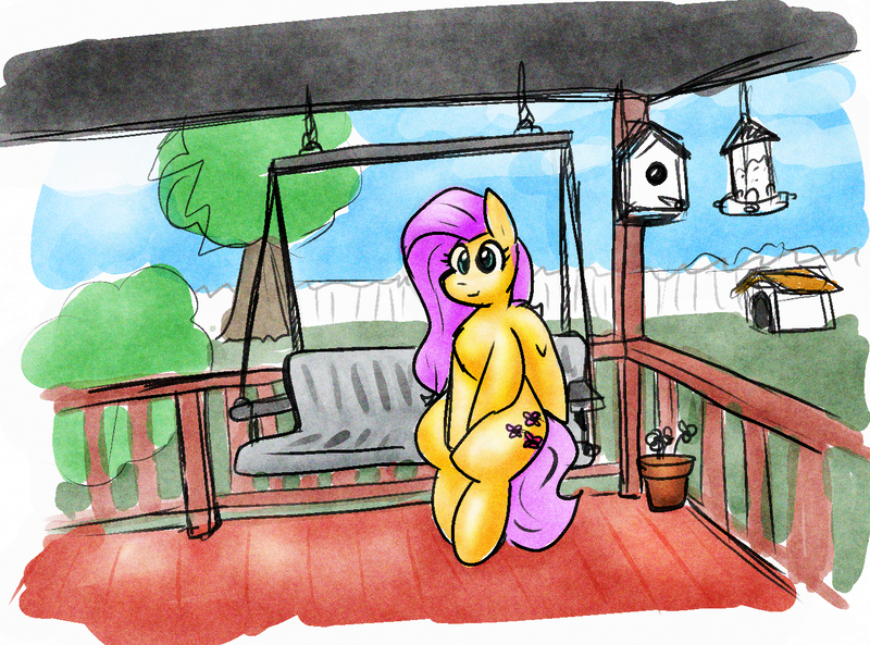 Size: 1361x1008 | Tagged: safe, artist:zutcha, derpibooru import, fluttershy, pegasus, pony, g4, bench, bird house, chest fluff, cute, doghouse, female, image, mare, png, potted plant, shyabetes, sitting, smiling, solo