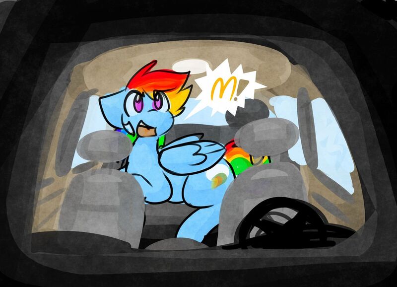 Size: 2000x1444 | Tagged: safe, artist:zutcha, derpibooru import, rainbow dash, pegasus, pony, g4, backseat, car, eyebrows, eyebrows visible through hair, female, floppy ears, image, jpeg, looking at you, mare, mcdonald's, open mouth, open smile, pictogram, smiling, smiling at you, solo, speech bubble