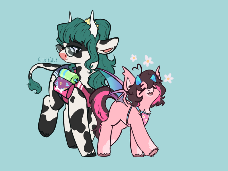 Size: 1400x1050 | Tagged: safe, artist:ghostyglue, derpibooru import, oc, oc:key mash, oc:oatmeal cremepie, unofficial characters only, bat pony, cow, cow pony, pony, clothes, cloven hooves, cow oc, glasses, harness, horns, image, png, scrunchie, shorts, tack, tanktop, walking, water bottle