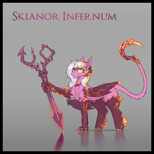 Size: 3000x3000 | Tagged: safe, artist:nsilverdraws, derpibooru import, oc, oc:skianor infernum, unofficial characters only, demon, demon pony, original species, pony, claws, female, fluffy, gradient background, image, kyrion, mare, png, reflection, scissor blade, simple background, solo, weapon, wings