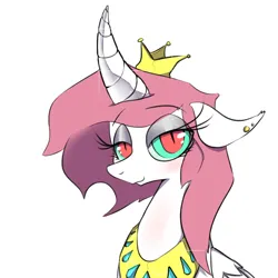 Size: 900x900 | Tagged: dead source, safe, artist:apinklife, artist:pinkgagy, oc, oc:gagy, unofficial characters only, alicorn, pony, alicorn oc, bedroom eyes, blushing, bust, crown, curved horn, dialogue, ear piercing, earring, eyelashes, eyeshadow, female, floppy ears, horn, image, jewelry, looking at you, makeup, mare, piercing, png, regalia, simple background, smiling, solo, white background, wings