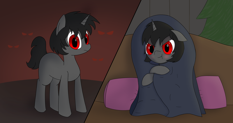 Size: 4096x2160 | Tagged: safe, artist:suryfromheaven, derpibooru import, oc, oc:ada, pony, unicorn, blanket, blushing, cold, comfy, d'lirium, dark background, dark skin, floppy ears, horn, image, looking at you, png, simple background