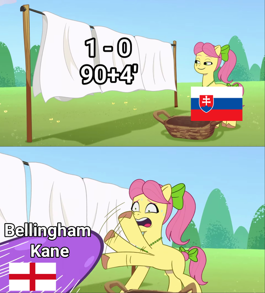 Size: 1500x1660 | Tagged: safe, derpibooru import, edit, edited screencap, screencap, posey (g5), g5, my little pony: tell your tale, basket, clothes line, comic, england, euro 2024, image, png, posey can't catch a break, screencap comic, slovakia, solo, sunny's smoothie moves