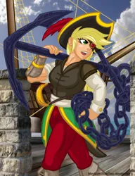 Size: 720x937 | Tagged: safe, artist:texasuberalles, derpibooru import, applejack, human, g4, my little pony: the movie, anchor, boat, chains, eyepatch, guardians of harmony, hat, humanized, image, jpeg, looking back, pirate, pirate applejack, pirate hat, solo, sword, toy, weapon