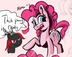 Size: 588x466 | Tagged: safe, derpibooru import, pinkie pie, oc, oc:zippers, earth pony, pony, ^:), angry, bald, duo, image, png, reference, simple background, speech bubble, text