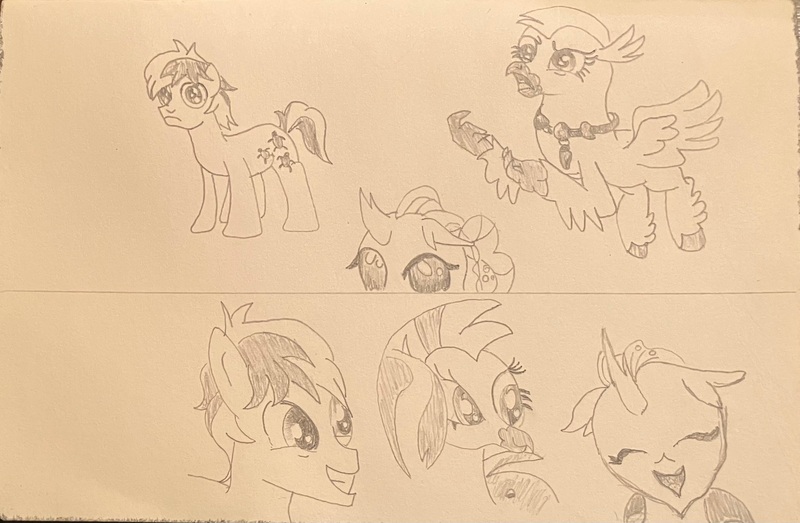 Size: 2780x1819 | Tagged: safe, artist:mlpfantealmintmoonrise, derpibooru import, ocellus, sandbar, silverstream, changedling, changeling, hippogriff, pony, g4, atg 2024, collage, colt, female, foal, image, jpeg, male, miniature, monochrome, newbie artist training grounds, offscreen character, pencil drawing, scene interpretation, simple background, traditional art