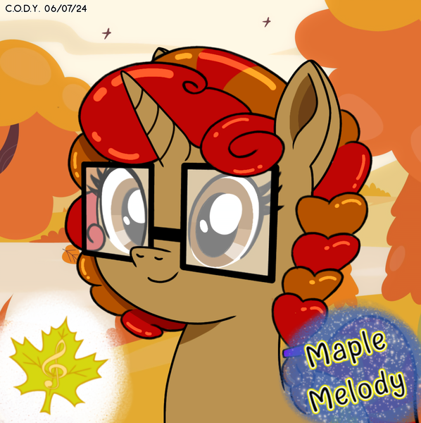 Size: 1980x1986 | Tagged: safe, artist:codenamekid, derpibooru import, oc, oc:maple m. melody, unofficial characters only, bird, pony, unicorn, afternoon, autumn, braid, cute, cutie mark, eyelashes, falling leaves, glasses, highlights, horn, image, leaves, looking at you, maple leaf, png, shading, sky, solo, text, tree, water