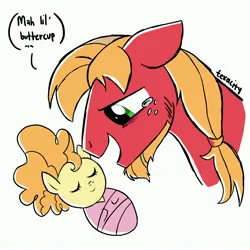 Size: 3000x3000 | Tagged: safe, artist:texacity, derpibooru import, big macintosh, oc, oc:sugarbee buttercup apple, earth pony, pony, g4, baby, baby pony, beard, bust, crying, duo, duo male and female, eyes closed, facial hair, father and child, father and daughter, female, filly, floppy ears, foal, image, jpeg, male, offspring, older, older big macintosh, parent:big macintosh, parent:fluttershy, parents:fluttermac, simple background, smiling, speech bubble, stallion, swaddled baby, tears of joy, transparent background