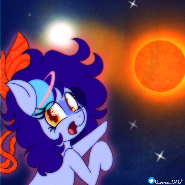 Size: 3070x3070 | Tagged: safe, artist:juniverse, derpibooru import, oc, oc:juniverse, earth pony, binary star, colored, happy, hey look!, image, nova, png, pointing, ribbon, solo, space, space pony, stars, universe daughter, white dwarf