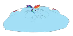 Size: 1036x520 | Tagged: suggestive, artist:polofastter, artist:sourscribbles, derpibooru import, rainbow dash, pegasus, pony, g4, belly, belly bed, big belly, bingo wings, blob, both cutie marks, chubby cheeks, fat, fat fetish, fetish, huge belly, image, immobile, impossibly large belly, impossibly large everything, lying down, morbidly obese, obese, png, rainblob dash, simple background, stretched cutie mark, tired eyes, transparent background