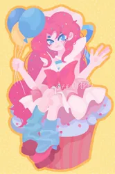 Size: 1060x1600 | Tagged: safe, artist:77-oplpd, artist:kkk8372178, derpibooru import, pinkie pie, human, equestria girls, g4, balloon, blue eyes, blue socks, clothes, cupcake, food, holding, humanized, image, jpeg, open mouth, open smile, pink hair, pink skin, shoes, simple background, sitting, smiling, solo, yellow background