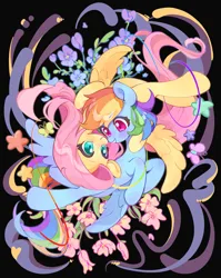 Size: 2941x3704 | Tagged: safe, artist:chonpsk, derpibooru import, fluttershy, rainbow dash, butterfly, insect, pegasus, pony, g4, black background, blushing, boop, colorful, duo, duo female, female, flower, flutterdash, flying, hoof around neck, image, lesbian, looking at each other, looking at someone, mare, nose to nose, noseboop, png, shipping, simple background, smiling, smiling at each other, stars, wings