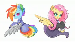 Size: 3028x1705 | Tagged: safe, artist:chonpsk, derpibooru import, fluttershy, rainbow dash, pegasus, pony, g4, alternate timeline, amputee, apocalypse dash, artificial wings, augmented, clothes, crystal war timeline, cute, duo, duo female, eye clipping through hair, eye scar, eyebrows, eyeshadow, facial scar, female, fluttergoth, frown, half body, high res, image, jpeg, looking at you, looking back, looking back at you, makeup, mare, prosthetic limb, prosthetic wing, prosthetics, scar, simple background, spread wings, white background, wings