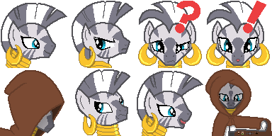 Size: 384x192 | Tagged: safe, artist:scootaloormayfly, derpibooru import, zecora, zebra, g4, cloak, clothes, confused, drugs, exclamation point, image, looking at you, multeity, needle, pixel art, png, question mark, rpg maker, solo, sprite, surprised