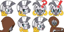 Size: 384x192 | Tagged: safe, artist:scootaloormayfly, derpibooru import, zecora, zebra, g4, cloak, clothes, confused, drugs, exclamation point, image, looking at you, multeity, needle, pixel art, png, question mark, rpg maker, solo, sprite, surprised