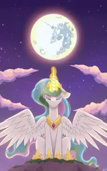 Size: 1247x2000 | Tagged: safe, artist:arcane-thunder, derpibooru import, princess celestia, alicorn, pony, g4, atg 2024, crying, eyes closed, female, floppy ears, full moon, glow, glowing horn, horn, image, mare, mare in the moon, moon, newbie artist training grounds, partially open wings, png, raising the moon, solo, wings