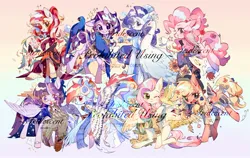 Size: 2048x1297 | Tagged: safe, artist:xinxinbird, derpibooru import, applejack, fluttershy, pinkie pie, rainbow dash, rarity, starlight glimmer, sunset shimmer, twilight sparkle, twilight sparkle (alicorn), alicorn, bird, cockatoo, earth pony, owl, parrot, peacock, pegasus, pony, unicorn, blushing, clothes, cup, dress, earmuffs, female, fetlock tuft, flower, flower in hair, flower in tail, galah, glasses, horn, image, jacket, jewelry, jpeg, mane six, mare, necklace, one eye closed, scarf, starry eyes, tail, teacup, watermark, wingding eyes