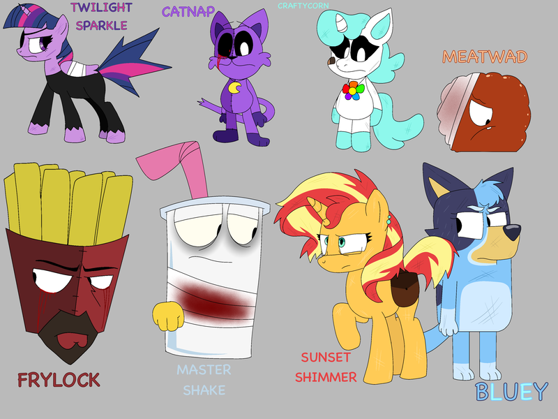 Size: 4000x3000 | Tagged: safe, artist:trinitykitsunefury14, derpibooru import, sunset shimmer, twilight sparkle, twilight sparkle (alicorn), alicorn, dog, pony, unicorn, g4, aqua teen hunger force, bluey, bluey heeler, catnip (poppy playtime), crafycorn, crossover, female, frylock, gray background, horn, image, male, master shake, meatwad, png, poppy playtime, simple background