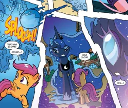 Size: 1001x845 | Tagged: safe, artist:tonyfleecs, derpibooru import, idw, nightmare moon, princess luna, scootaloo, alicorn, pegasus, pony, g4, spoiler:comic, spoiler:comic44, image, jpeg, official comic, ponyville, water balloon