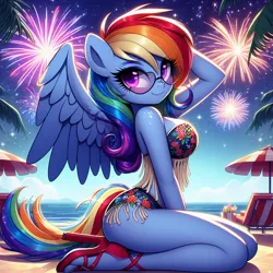 Size: 1024x1024 | Tagged: safe, ai content, derpibooru import, machine learning generated, prompter:glimmy-glam, rainbow dash, anthro, aviator sunglasses, beach, bikini, breasts, clothes, evening, female, fireworks, generator:dall-e 3, high heels, image, jpeg, kneeling, looking at you, missing cutie mark, ocean, shoes, smiling, solo, solo female, sunglasses, swimsuit, umbrella, water