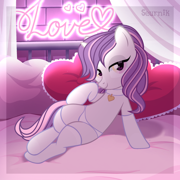 Size: 2048x2048 | Tagged: questionable, artist:seurnik, derpibooru import, oc, oc:sweetieck dreams, unofficial characters only, pony, unicorn, g4, bed, choker, clothes, curtains, female, females only, filly, foal, foalcon, heart, heart pillow, horn, image, looking at you, male, mare, nudity, panties, pillow, png, sex, sexy, signature, straight, thong, underage, underwear, unicorn oc, younger