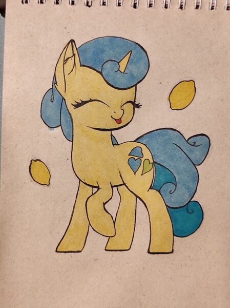 Size: 957x1280 | Tagged: safe, artist:nutellaenjoyer, derpibooru import, lemon hearts, pony, unicorn, cute, ear fluff, eyes closed, female, food, horn, image, jpeg, lemon, mare, raised hoof, solo, tongue out, traditional art