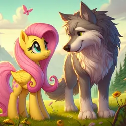 Size: 1024x1024 | Tagged: safe, ai content, derpibooru import, machine learning generated, prompter:nightofcore, fluttershy, butterfly, insect, pegasus, pony, wolf, g4, closed mouth, duo, female, flower, folded wings, generator:bing image creator, generator:dall-e 3, grass, image, jpeg, mare, nature, outdoors, paws, standing, tail, tree, wings