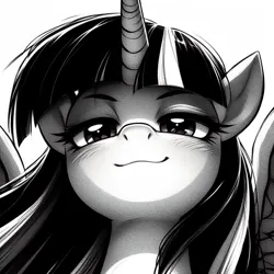 Size: 2048x2048 | Tagged: safe, ai content, derpibooru import, machine learning generated, prompter:krivovyaz, twilight sparkle, twilight sparkle (alicorn), alicorn, pony, black and white, blushing, generator:bing image creator, generator:dall-e 3, grayscale, image, looking at you, monochrome, png, simple background, sketch, smiling, smiling at you, smug, solo, white background