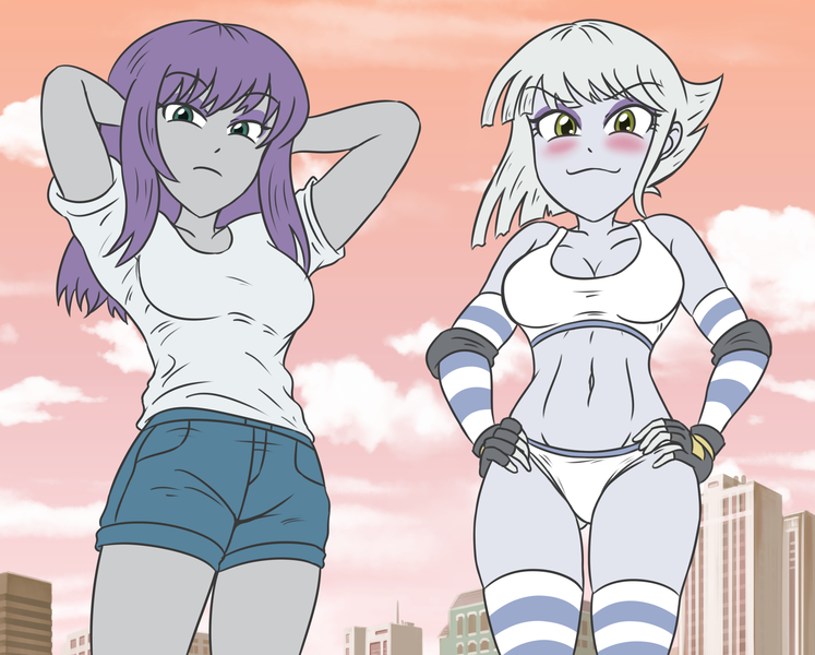 Size: 3609x2900 | Tagged: suggestive, artist:sumin6301, derpibooru import, limestone pie, maud pie, human, equestria girls, g4, 2d, arm behind head, bangs, belly button, blushing, breasts, building, busty limestone pie, busty maud pie, city, cleavage, clothes, concave belly, denim, denim shorts, duo, duo female, elbow pads, eyebrows, eyebrows visible through hair, eyeshadow, female, female focus, fingerless gloves, gloves, hand on hip, image, legs, looking at you, looking down, makeup, midriff, outdoors, panties, panty shot, png, pockets, shirt, short sleeves, shorts, sleeveless, socks, solo focus, sports bra, sports panties, t-shirt, thigh highs, underass, underwear, white panties, white underwear, wristband