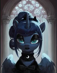 Size: 827x1062 | Tagged: safe, ai content, derpibooru import, machine learning generated, prompter:ramprover, princess luna, alicorn, pony, g4, alternate hairstyle, black lipstick, bow, choker, clothes, dress, eyeshadow, female, goth, image, jewelry, jpeg, lidded eyes, lipstick, looking at you, makeup, piercing, smiling, solo