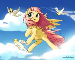 Size: 2500x2000 | Tagged: safe, artist:nutellaenjoyer, derpibooru import, fluttershy, bird, pegasus, pony, female, flying, image, mare, png