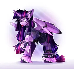 Size: 3780x3543 | Tagged: safe, artist:buvanybu, derpibooru import, twilight sparkle, twilight sparkle (alicorn), alicorn, pony, bracelet, ear piercing, female, goth, image, mare, piercing, png, solo, spiked wristband, tongue out, unshorn fetlocks, watermark, wristband