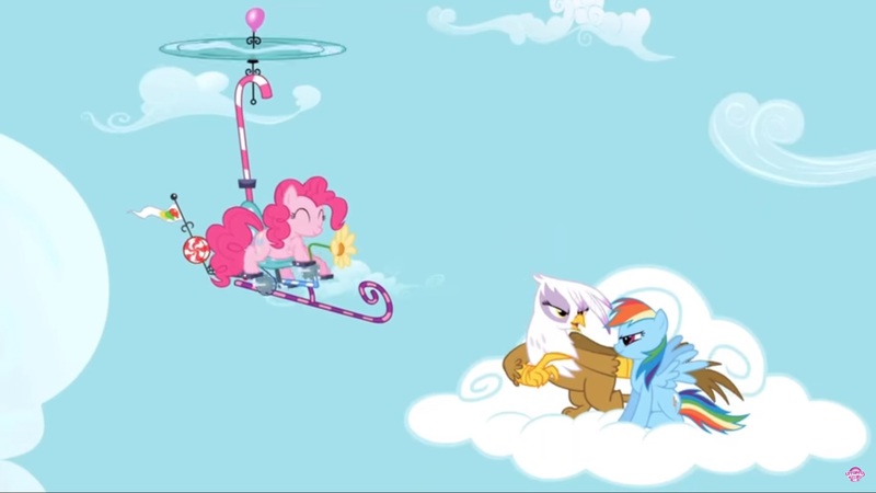 Size: 1920x1080 | Tagged: safe, derpibooru import, screencap, gilda, pinkie pie, rainbow dash, earth pony, gryphon, pegasus, pony, g4, griffon the brush off, season 1, cloud, eyes closed, female, image, jpeg, mare, pinkiecopter