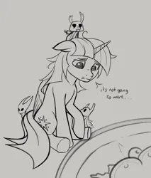 Size: 1020x1200 | Tagged: safe, artist:zetamad, derpibooru import, twilight sparkle, twilight sparkle (alicorn), alicorn, insect, pony, atg 2024, crossover, grayscale, hollow knight, hornet (hollow knight), image, monochrome, newbie artist training grounds, png, sketch, the knight (hollow knight), zote