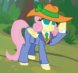 Size: 2620x2464 | Tagged: safe, artist:jesterofdestiny, derpibooru import, fluttershy, pegasus, pony, g4, alternate hairstyle, clothes, forest, hat, image, nature, necktie, pinstripes, png, shirt, smiling, solo, suit, three piece suit, tree, vest