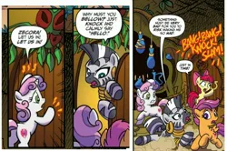 Size: 3840x2552 | Tagged: safe, artist:tonyfleecs, derpibooru import, idw, apple bloom, scootaloo, sweetie belle, zecora, earth pony, pegasus, pony, unicorn, zebra, g4, spoiler:comic, spoiler:comic44, cutie mark, cutie mark crusaders, horn, image, jpeg, official comic, zecora's hut