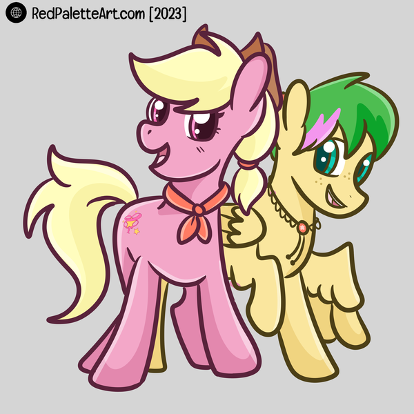 Size: 3000x3000 | Tagged: safe, artist:redpalette, derpibooru import, oc, oc:harmonic tune, oc:harmony star, earth pony, pegasus, pony, bolo tie, cowboy hat, cute, earth pony oc, female, hat, image, looking at you, mare, neckerchief, open mouth, pegasus oc, png, smiling, wings