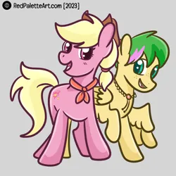 Size: 3000x3000 | Tagged: safe, artist:redpalette, derpibooru import, oc, oc:harmonic tune, oc:harmony star, earth pony, pegasus, pony, bolo tie, cowboy hat, cute, earth pony oc, female, hat, image, looking at you, mare, neckerchief, open mouth, pegasus oc, png, smiling, wings