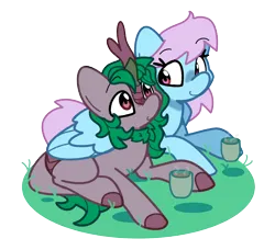 Size: 2012x1832 | Tagged: safe, artist:kindakismet, derpibooru import, oc, oc:meadowsong, oc:skywell, unofficial characters only, kirin, pegasus, cup, duo, duo male and female, female, food, grass, hug, image, male, png, simple background, straight, tea, teacup, transparent background, winghug, wings