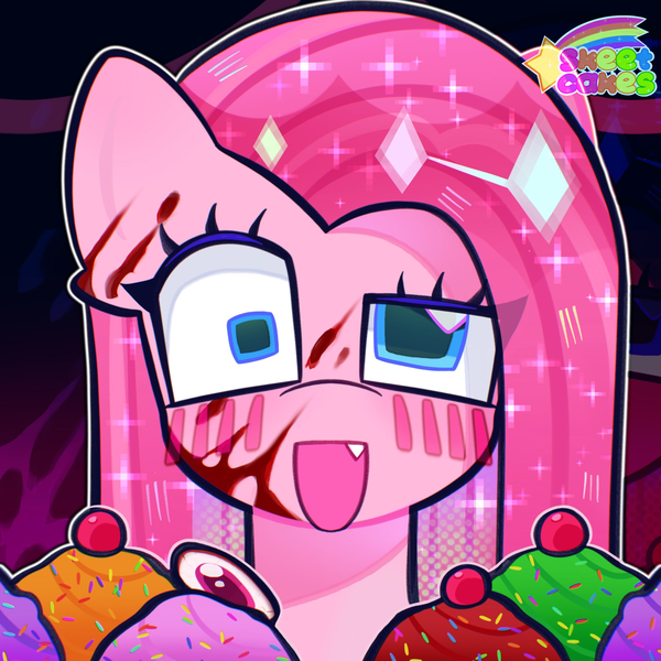 Size: 2048x2048 | Tagged: semi-grimdark, artist:skeetcakes, derpibooru import, pinkie pie, earth pony, pony, fanfic:cupcakes, g4, blood, blood on face, blood splatter, blush lines, blushing, cupcake, eyeball, fanfic art, fangs, female, food, grimcute, high res, image, mare, open mouth, pinkamena diane pie, png, solo, sparkly mane, watermark