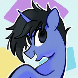 Size: 2048x2048 | Tagged: safe, artist:chipchapp, derpibooru import, oc, oc:loophoof, unofficial characters only, pony, unicorn, abstract background, birthday art, black mane, blue coat, bust, gift art, high res, horn, image, jpeg, male, no catchlights, open mouth, open smile, portrait, raised hoof, smiling, solo, stallion, stallion oc, unicorn oc