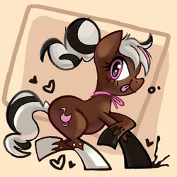 Size: 2048x2048 | Tagged: safe, artist:chipchapp, derpibooru import, oc, oc:chocolate cakez, unofficial characters only, earth pony, pony, abstract background, black and white mane, black and white tail, brown coat, coat markings, earth pony oc, eyelashes, female, floating heart, freckles, gift art, heart, high res, image, jpeg, long mane, long tail, looking back, mare, neck ribbon, passepartout, pink eyes, ponytail, profile, raised hoof, raised leg, smiling, socks (coat marking), solo, standing on two hooves, tail, tied mane, tongue out, two toned mane, two toned tail