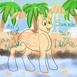 Size: 2700x2700 | Tagged: safe, artist:deadsmoke, derpibooru import, fish, g5, any gender, any race, auction, beach, commission, excited, happy, image, open mouth, outdoors, palm tree, partially submerged, png, sand, standing in water, summer, sunny day, tree, umbrella, water, your character here