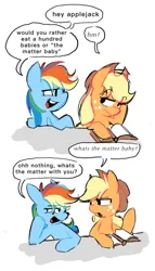 Size: 709x1237 | Tagged: safe, artist:appledash3r_, derpibooru import, part of a set, applejack, rainbow dash, earth pony, pegasus, pony, g4, 2 panel comic, appledash, applejack's hat, blonde mane, blue coat, book, bust, colored, comic, cowboy hat, dialogue, duo, duo female, eyebrows, eyebrows visible through hair, female, flat colors, freckles, frown, hat, head on hoof, image, jpeg, lesbian, looking at each other, looking at someone, mare, multicolored hair, multicolored mane, no catchlights, open book, open mouth, open smile, orange coat, prank, rainbow hair, raised hoof, reading, shipping, simple background, sitting, smiling, smiling at someone, speech bubble, stetson, talking, text, white background