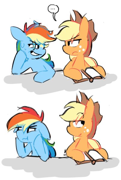 Size: 929x1376 | Tagged: safe, artist:appledash3r_, derpibooru import, part of a set, applejack, rainbow dash, earth pony, pegasus, pony, g4, 2 panel comic, appledash, applejack's hat, blonde mane, blue coat, book, bust, colored, comic, cowboy hat, dialogue, duo, duo female, eyebrows, eyebrows visible through hair, eyeroll, female, flat colors, freckles, frown, hat, head on hoof, image, jpeg, lesbian, looking at each other, looking at someone, mare, multicolored hair, multicolored mane, no catchlights, open book, open mouth, open smile, orange coat, prank, rainbow hair, raised hoof, reading, shipping, simple background, sitting, smiling, smiling at someone, speech bubble, stetson, sweat, sweatdrop, text, wavy mouth, white background